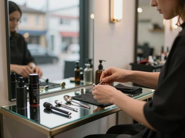 Medium shot of a salon owner arranging tools on a mirrored station, overcast daylight through a street-facing window, tidy neighborhood salon interior in the background