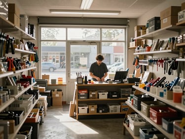 Wide shot inside a small hardware and home goods shop, owner standing behind a counter stocked with tools and supplies, early morning light through the front window, neighborhood storefront feel