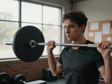 Close-up of a fitness instructor adjusting a barbell in a small local gym, afternoon light through high windows, community bulletin board visible on the brick wall behind