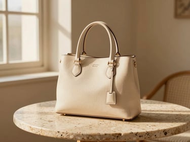 Warm editorial photography, soft golden hour window light, cream and blush tones, shallow depth of field, 35mm. A structured leather handbag sitting elegantly on a travertine stone table.