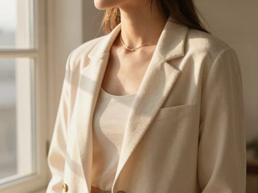 Warm editorial photography, soft golden hour window light, cream and blush tones, shallow depth of field, 35mm. A modern modest outfit styled with a gold necklace, soft natural light streaming in.