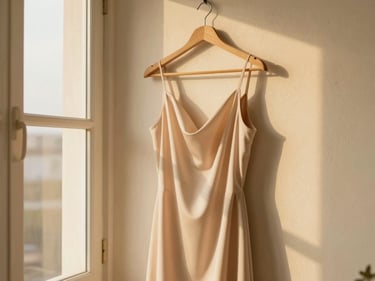 Warm editorial photography, soft golden hour window light, cream and blush tones, shallow depth of field, 35mm. A beautifully draped beige dress on a minimalist hanger against a textured plaster wall.