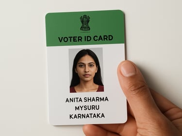 Close-up overhead shot of an Indian Voter ID card on a white surface under neutral studio light — green and white card face, name and constituency visible, held flat with one hand, sharp focus across the full card