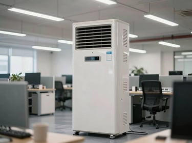 Wide environmental shot of a large floor-standing commercial AC unit in an open-plan office or retail space, bright fluorescent lighting, no people, equipment in foreground