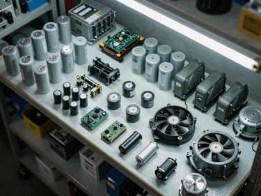 Overhead view of organized AC spare parts on a workshop shelf — capacitors, fan motors, circuit boards — under bright fluorescent lighting, technical catalog style
