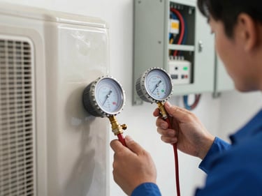 Technician holding a digital manifold gauge connected to a wall-mounted AC unit, bright indoor lighting, wires and service panel visible, close technical framing