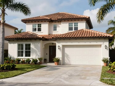 Tight shot of a Naples Florida luxury residential exterior, light-colored stucco with barrel tile roof, manicured landscaping, two-car garage doors in frame, bright natural Florida daylight, no people