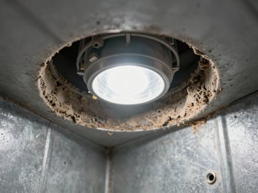 Close-up of a residential air duct interior, inspection light illuminating dust buildup on metal walls, documentary framing, bright work lighting, no people