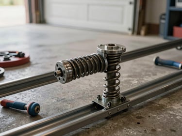 Close-up of a garage door torsion spring and track assembly, natural daylight from an open garage bay, tools resting on the track rail, documentary detail framing