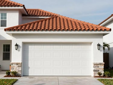 Documentary exterior of a Florida block-construction home in Tampa, white stucco walls, terracotta roof tiles, single-car garage door centered, flat midday light, no people