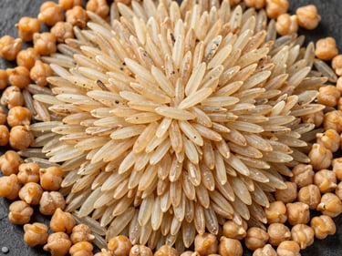 Overhead wide shot of aged basmati rice grains and golden chickpeas spread across a dark industrial surface, clinical strobe lighting showing individual grain detail and texture variation at extreme close range