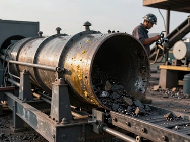 Close-up of an ore processing drum and conveyor belt on an active gold mining site, afternoon daylight illuminating mineral-stained metal and rock debris, a helmeted worker adjusting equipment in the background