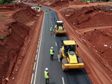 Overhead drone view of a road construction site cutting through red laterite terrain, graders and compactors in formation, construction workers in high-visibility vests and hard hats directing traffic, fresh asphalt contrasting with raw earth on both sides