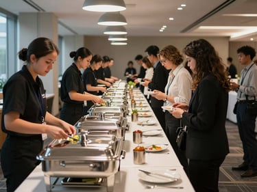 Wide shot of a corporate event catering setup — long buffet station in a modern conference space, black-uniformed staff behind polished chafing dishes, professional tungsten lighting, guests queuing in business attire