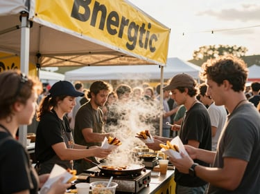 Energetic outdoor festival concession stand in full service — bright signage, staff handing wrapped street food to a dense crowd, warm golden hour backlight, steam rising from griddles, vibrant atmosphere