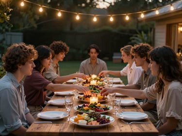 Intimate private party dinner setup in a backyard — string lights overhead, long wooden farm table with abundant platters, warm amber fill light, hands reaching across the spread, relaxed and festive energy