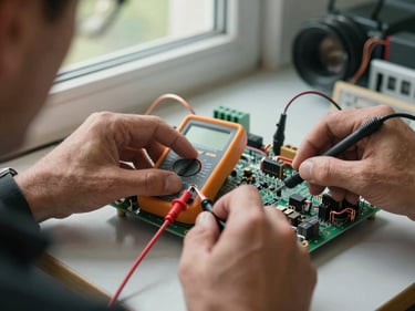 Close-up of technician's hands using a multimeter on an AC circuit board, natural daylight from a nearby window, copper wiring and components visible