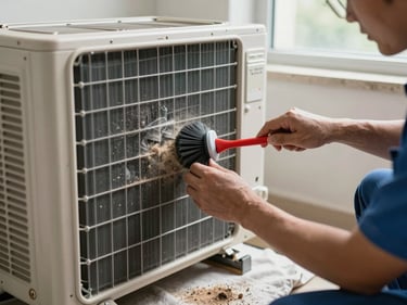 Technician cleaning evaporator coil fins with a brush inside a disassembled AC indoor unit, natural window light, dust and debris visible on surrounding cloth