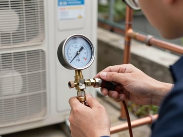 Technician reading a refrigerant pressure gauge connected to an AC outdoor unit, natural daylight, copper pipes and valve fittings in sharp focus