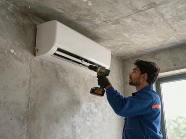Technician mounting an AC indoor unit bracket on a wall inside a Noida home, drill in hand, natural daylight from window, concrete wall texture visible