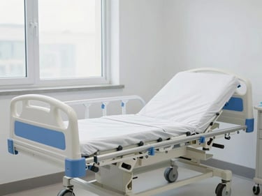 A modern multi-functional motorized ICU bed set up in a bright, clean home recovery room, soft natural light, professional clinical setup