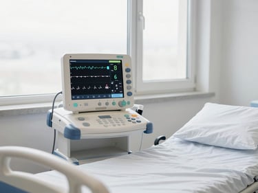 A multi-parameter cardiac monitor displaying vital signs with clean graphics, positioned next to a comfortable recovery bed, soft window light