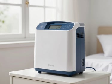 A professional medical oxygen concentrator on a clean bedside table in a bright home bedroom, soft morning window light, crisp details