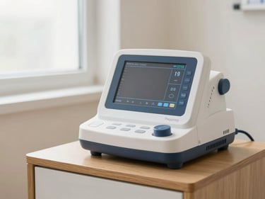 A clinical BiPAP ventilator machine with digital screen active, placed on a wooden nightstand, soft warm lighting, professional clinical environment
