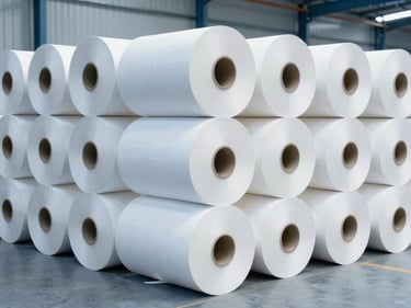 Wide-angle industrial shot of massive parent paper rolls stacked in a clean, modern warehouse, bright neutral daylight, blue and white tones.