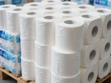 Close-up of neatly palletized toilet tissue rolls wrapped in industrial protective film, sharp focus, clean commercial trade.