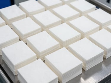 Overhead view of perfectly aligned stacks of white folded paper napkins on a quality control testing table, crisp white industrial lighting.