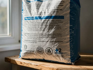 Close-up of product label on a fertilizer bag under natural window light, printed text and certification marks in sharp focus, worn wooden shelf edge visible at bottom
