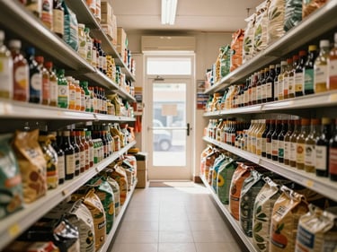 Wide shot of a shop interior aisle, shelves lined with agricultural product bags and bottles, warm morning light through a doorway at the far end, no people