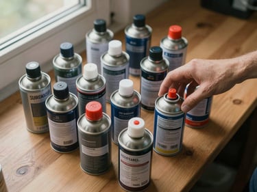 Overhead view of pesticide bottles and spray canisters arranged on a wooden counter, soft daylight from a side window, labels clearly facing upward, a hand resting on one bottle