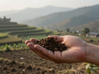 A hand holding a small soil sample above a farm field at early morning, fingers slightly open, Himachal hill terraces visible in the soft background, natural daylight