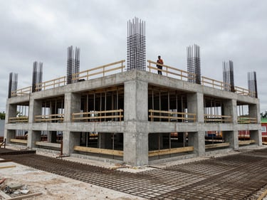 Wide environmental shot of a reinforced concrete structure under construction, rebar grid exposed, workers on elevated formwork, overcast daylight, industrial documentary framing