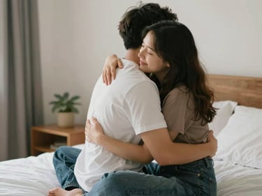 A woman wearing a blue floral lace lingerie set with a matching garter belt and leg straps. 