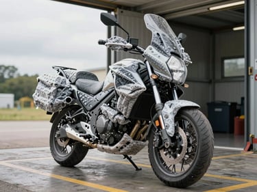 Medium shot of a motorcycle wrapped in protective foam and secured upright in a transport crate inside a loading bay, overcast natural light, floor markings visible