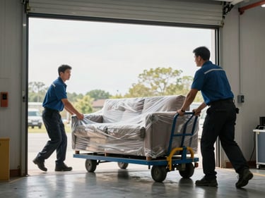 Two crew members using a hand truck to carefully manoeuvre a wrapped sofa through a loading bay entrance, natural daylight from open bay doors, focused medium shot