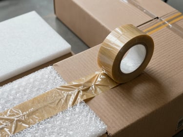 Overhead close-up of corrugated cartons being sealed with reinforced tape, bubble wrap and foam sheets arranged beside them on a warehouse floor, natural daylight from above