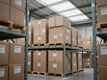 Environmental shot inside a clean warehouse aisle, stacked and labelled cartons on metal shelving, overcast light from high clerestory windows, organized and methodical framing