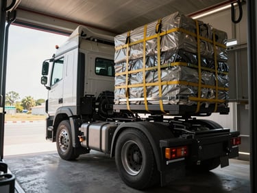 Wide interior shot of a modern transport truck cab, organized cargo strapped and stacked in the hold behind the cab, natural light through the windscreen, clean floor visible