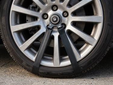 Close-up of a car wheel secured with a heavy-duty strap inside an enclosed carrier, natural side-lighting, concrete floor visible below, detail shot of the ratchet mechanism