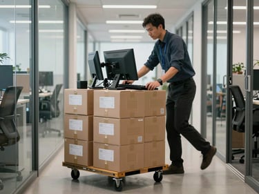 Medium shot of office monitors and stacked file boxes being loaded onto a wheeled platform inside a bright office corridor, overcast daylight from glass partitions, crew member in motion