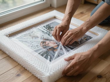 Close-up of hands wrapping a framed picture in bubble wrap on a wooden floor, natural daylight from a nearby window, foam padding visible at the edges, documentary framing