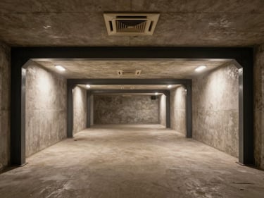 Wide environmental shot of a finished underground bunker interior showing a full living area with integrated ceiling ventilation, cool studio lighting illuminating material junctions of concrete and dark steel, no people, no warm tones