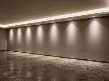 Wide environmental shot of an underground entertainment room with a recessed media wall, cool strobe lighting catching the matte finish of wall panels and polished concrete floor, no people, no warm tones, objects at rest on surfaces