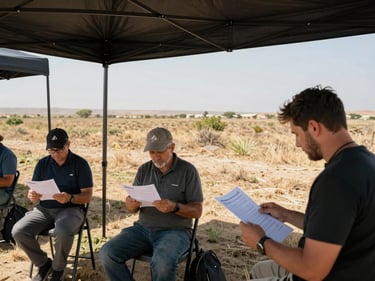 Wide environmental shot of a field data collection session, two people seated with paper questionnaires under a canopy shade structure, natural harsh midday light, arid landscape visible in background
