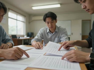 Team of three people reviewing printed spreadsheets spread on a table in a modest meeting room, overhead fluorescent light supplemented by natural side window light, hands pointing at figures on paper