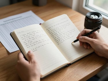 Close-up of hands holding a field notebook open to hand-written notes beside a printed evaluation grid, natural window light from the right, plain wooden desk surface